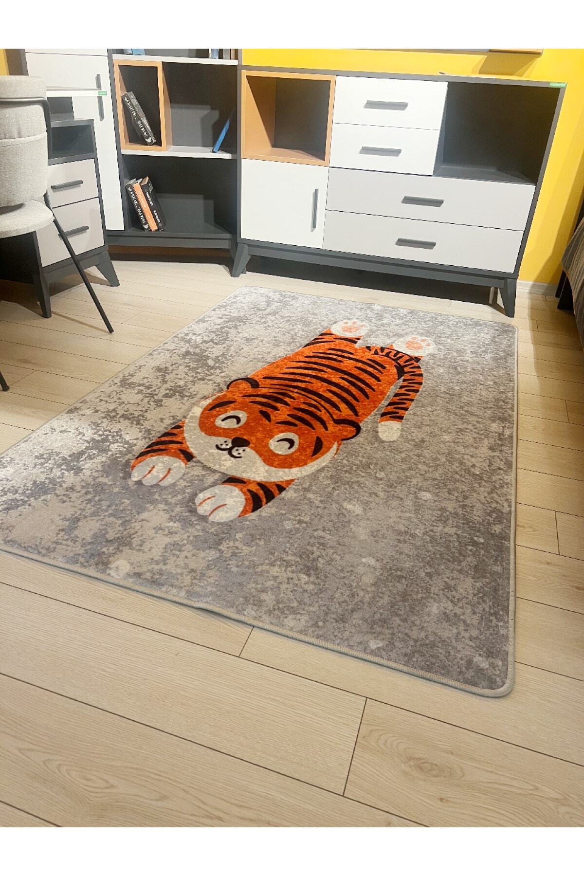 Tiger Patterned Round Washable Children's Baby Rug - Grey
