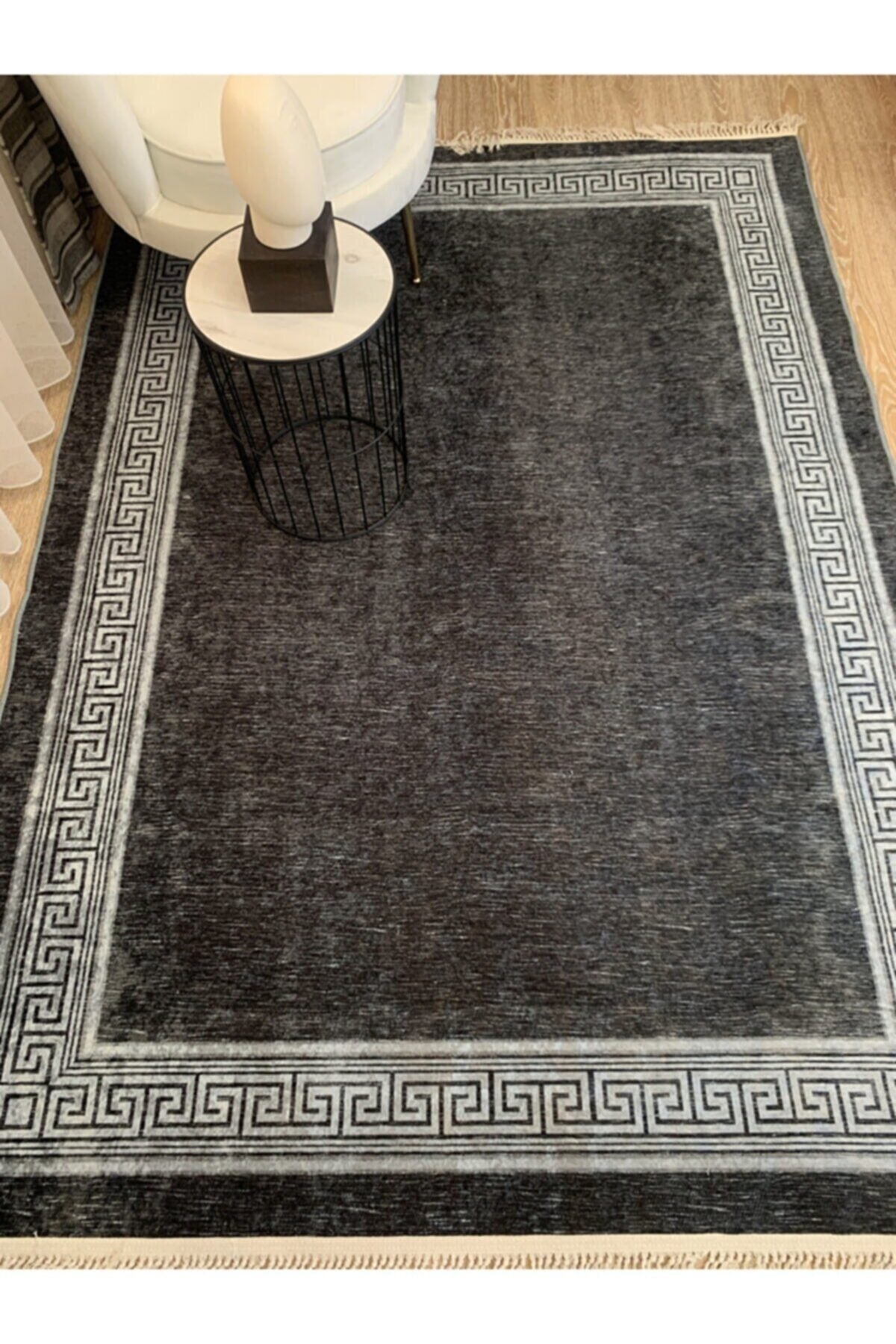 Brown Mink Bordered Latex Base Fringed Rug