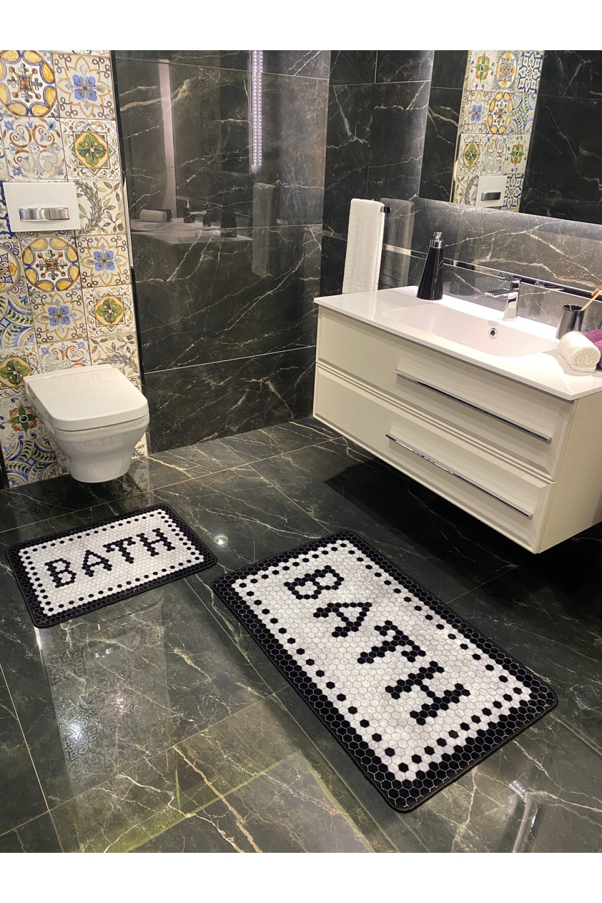 "Black Bath" Print 2-Piece Non-Slip Waterproof Bathroom Rug Set (60x100 - 60x50) Gray