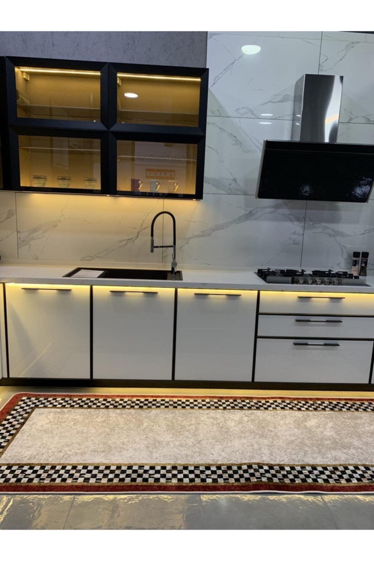 Rosen Model Checkered Non-Slip Base Kitchen Rug - Gray-Burgundy