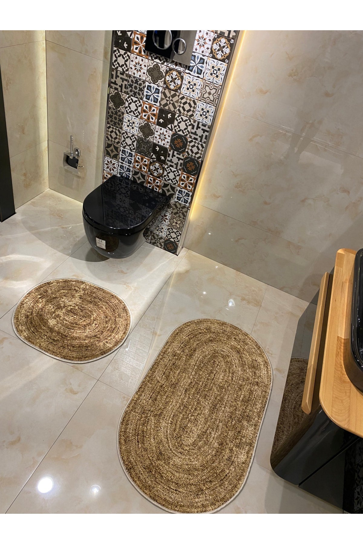 Hasır Desenli Oval 2'li Kaymaz Taban Banyo Paspas Takımı (60x100 - 60x50) Kahverengi