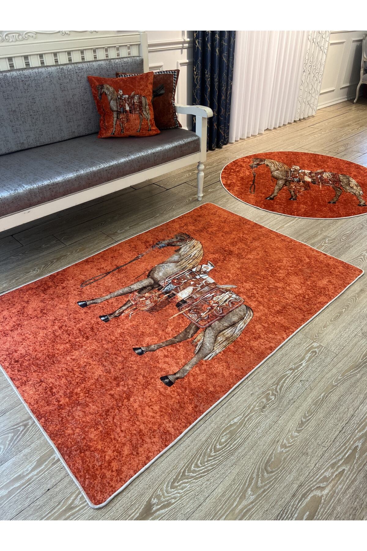 Horse Pattern Latex-Backed Round Rug