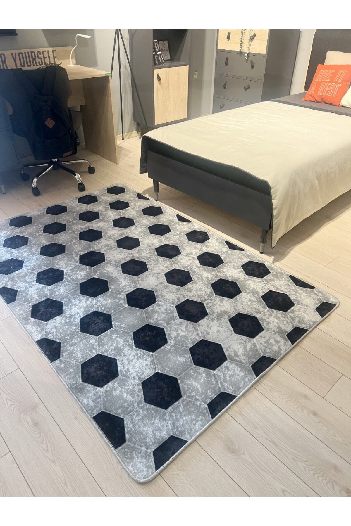 Football Pattern Washable Round Kids & Youth Rug - Gray