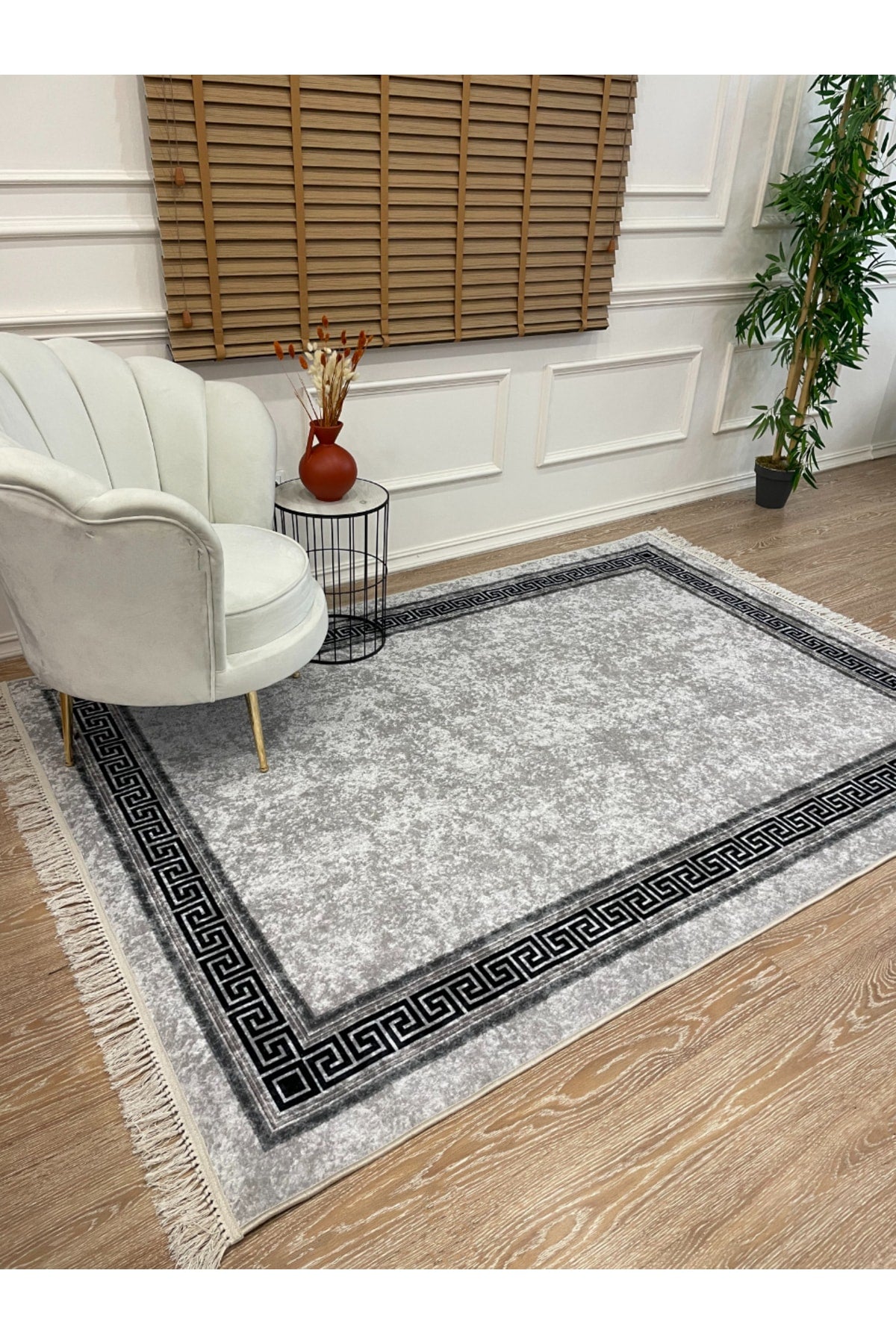 Brown Mink Bordered Latex Base Fringed Rug