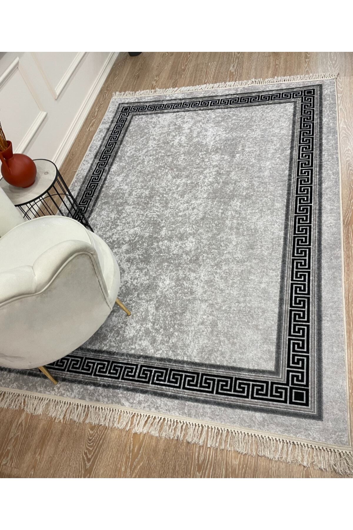 Brown Mink Bordered Latex Base Fringed Rug