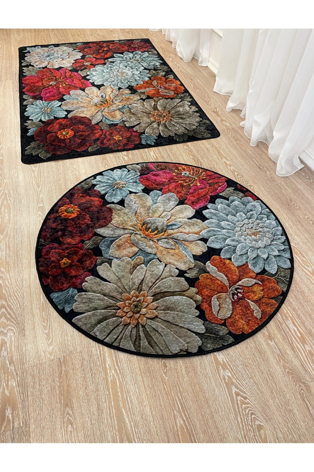 Floral Pattern Washable Decorative Round Rug - Gray