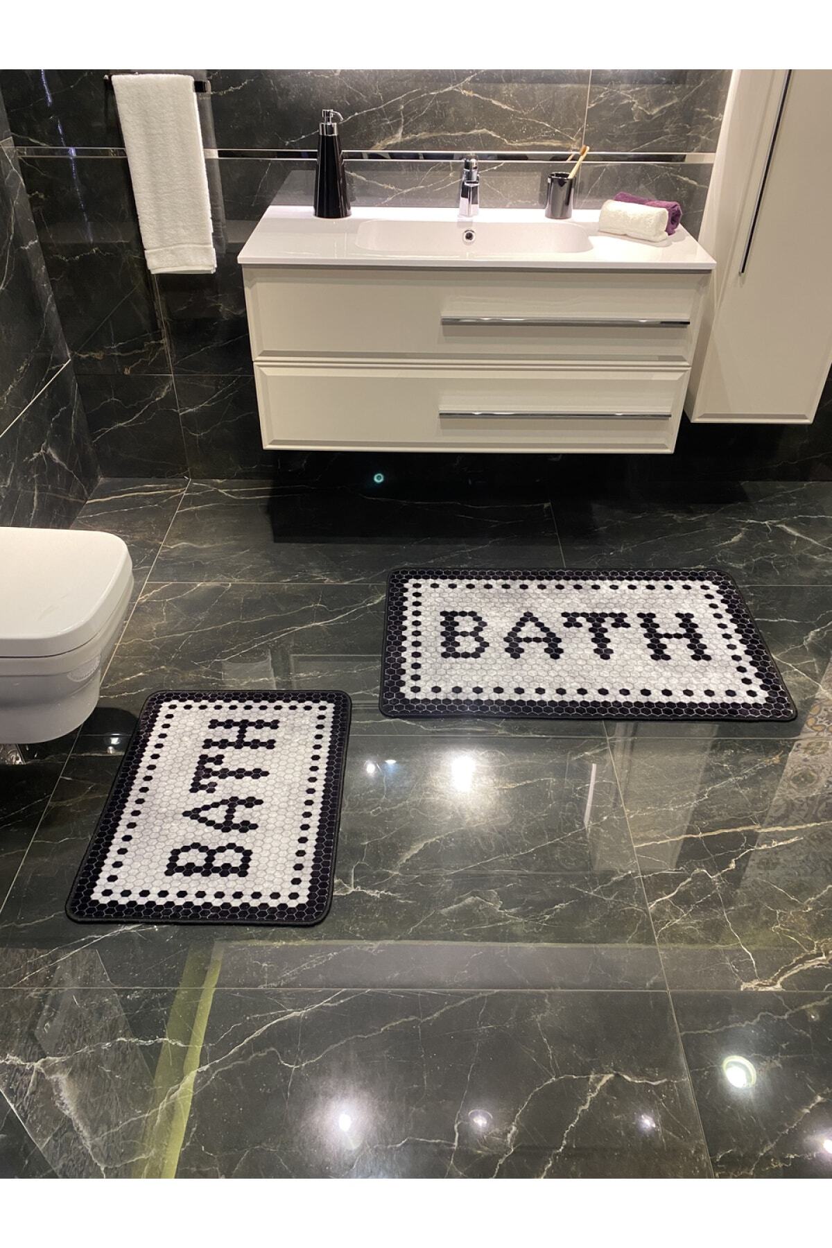 "Black Bath" Print 2-Piece Non-Slip Waterproof Bathroom Rug Set (60x100 - 60x50) Gray