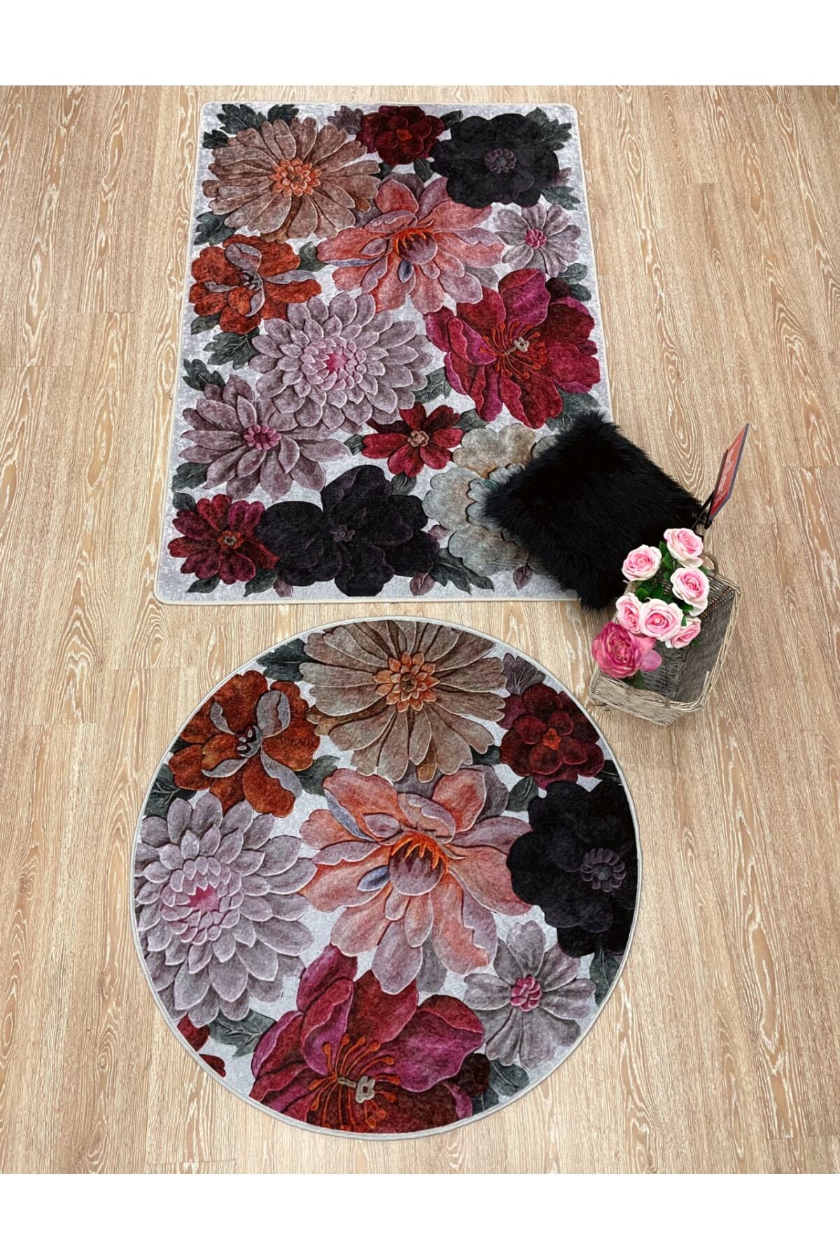 Floral Pattern Washable Decorative Round Rug - Gray