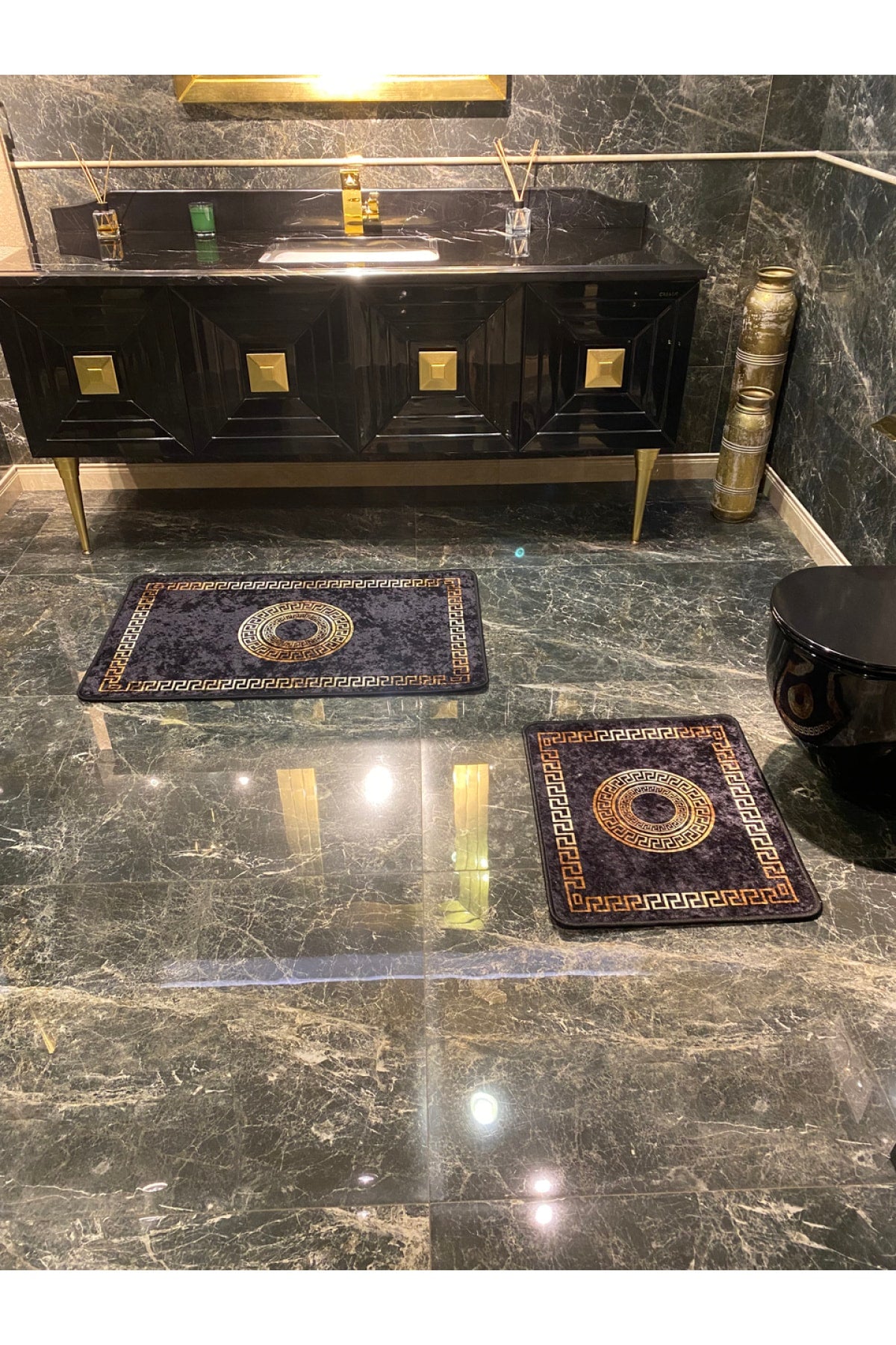 Mendes 2'li Lateks Kaymaz Taban Su Geçirmez Banyo Paspas Takımı (60x100 - 60x50) Siyah/altın