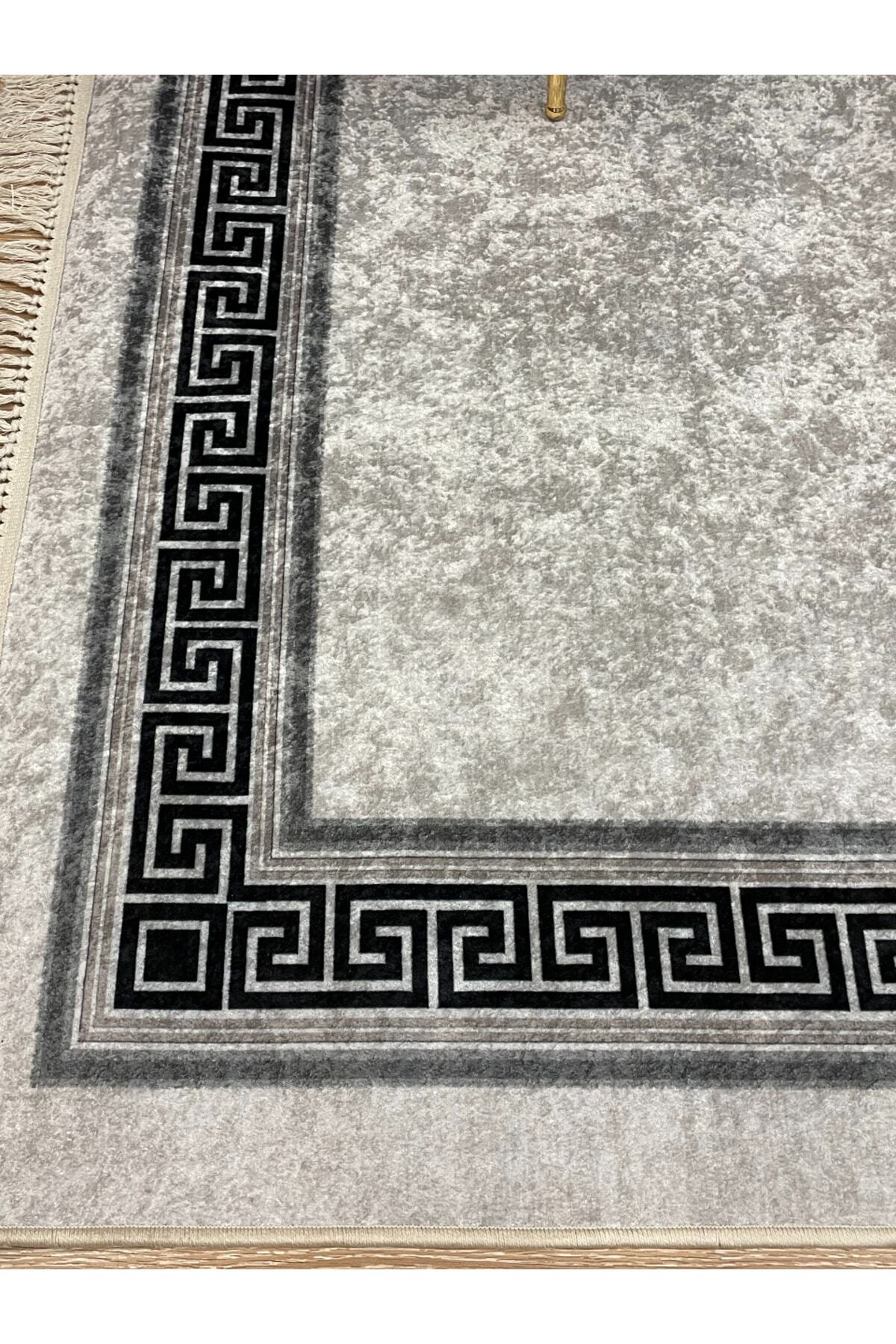 Brown Mink Bordered Latex Base Fringed Rug