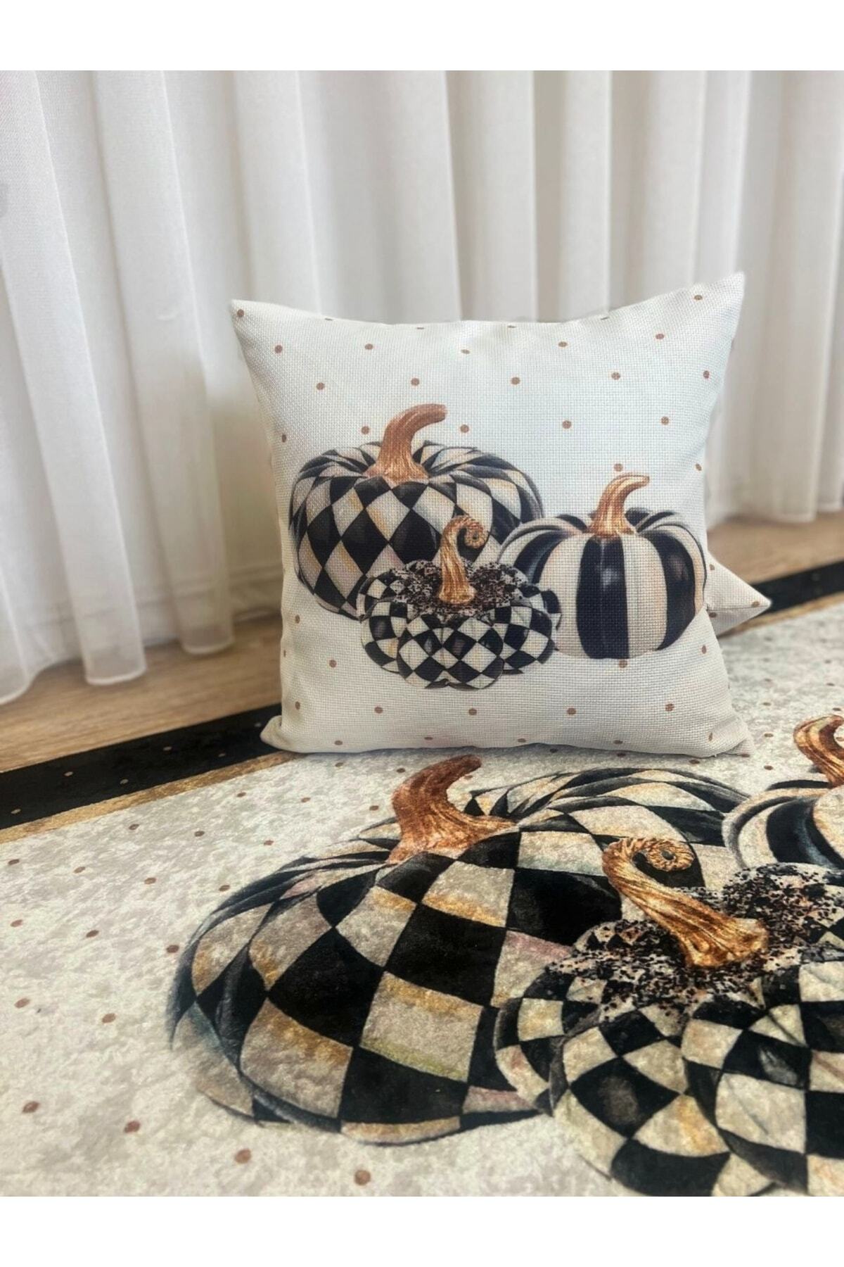 Balkabağı Desenli Keten Görünümlü Kırlent Yastık Kılıfı (EKRU-SİYAH) 45x45
