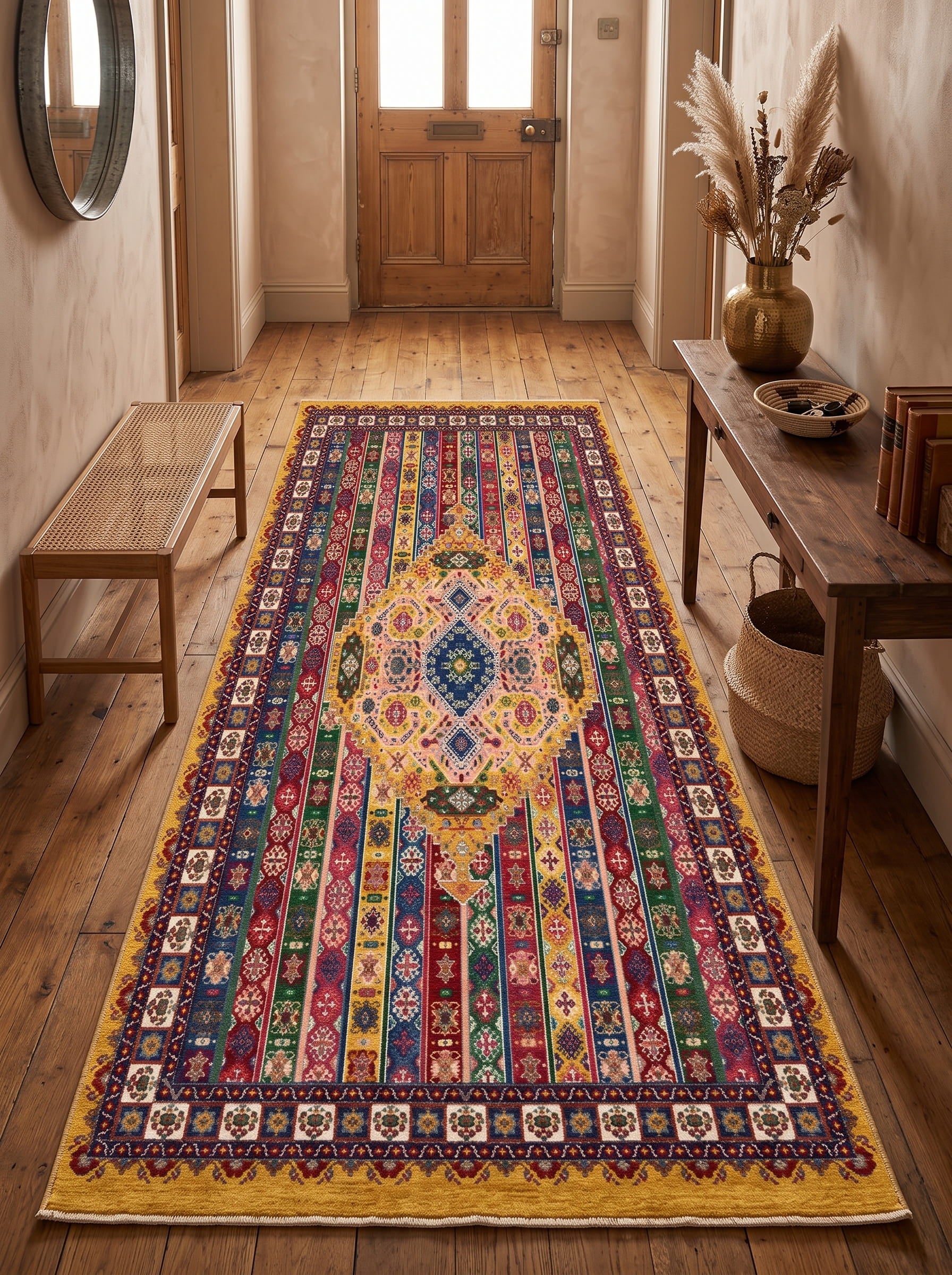 Washable Printed Calist Area Rug - Traditional Striped Medallion