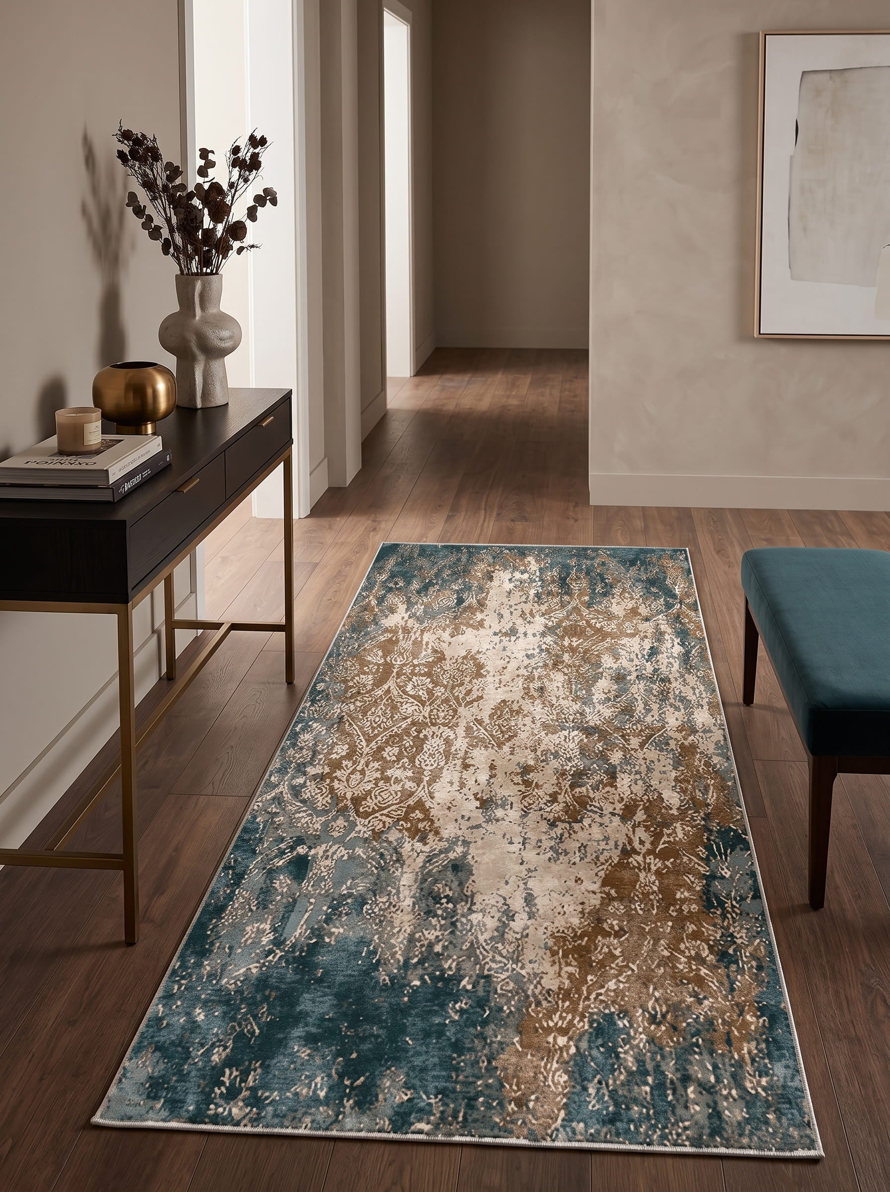 Derma Washable Area Rug – Green & Brown/ Distressed Damask Style