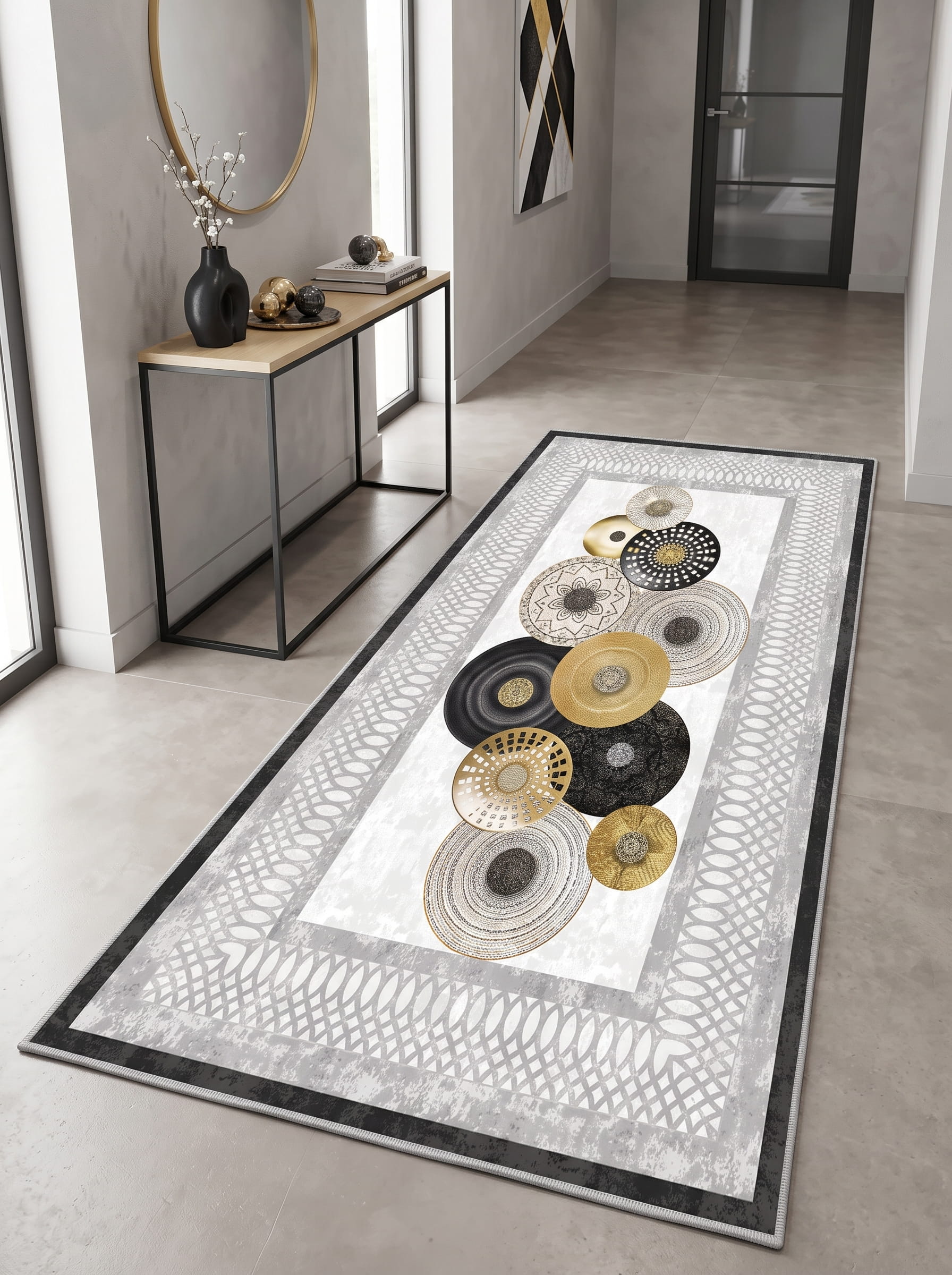 Gonzales Washable Area Rug – Grey & Gold / Modern Abstract Disc Design