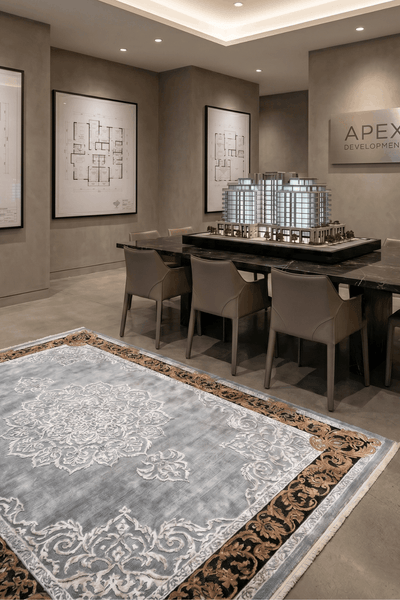 Washable Printed Montana Rug - Elegant Baroque Border Style