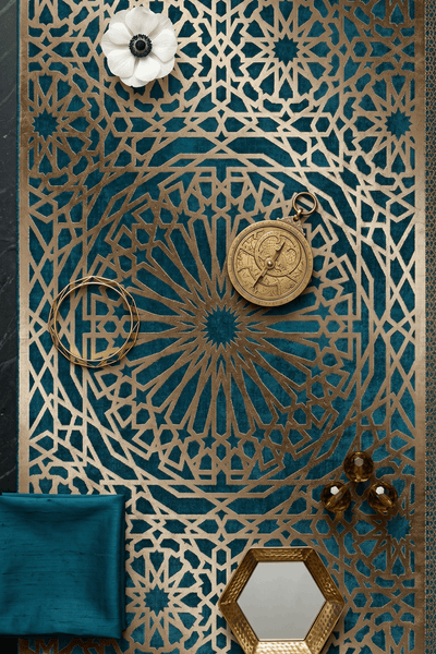 Washable Printed Marius Rug - Teal Gold Arabesque