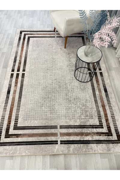 BEIGE Striped Bordered Non-Slip Base Framed Rug