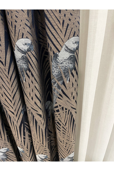 Brown-Navy Blue Bird Patterned 1/3 Dense Pleated Blackout Curtain