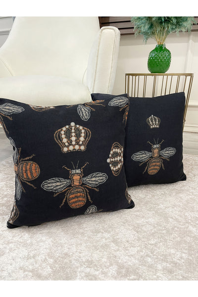 Set of 2 Queen Bee Embroidery-Look Woven Fabric Cushion Covers 45x45