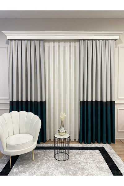 Panel Pattern Jacquard 1/3 Dense Pleat Blackout Curtain - Bottom: Mustard-Navy / Top: Gray