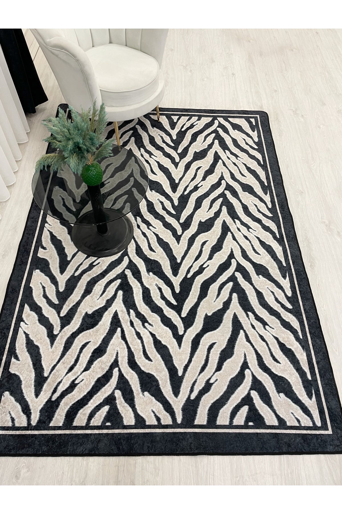 Black Beige Fluffy Look Latex Leather Base Rug