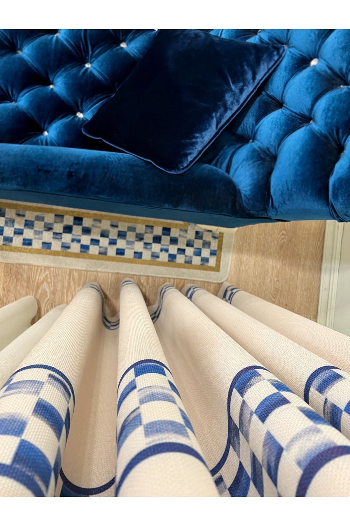 1/3 Dense Pleated Checkered Curtain Panel - Beige-Blue