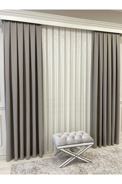 Heathered Milky Brown Linen-Look 1/3 Dense Pleated Blackout Curtain