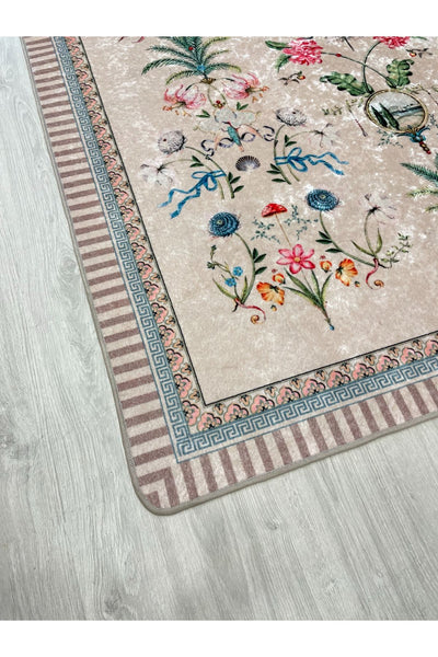 Beige Floral Bird Patterned Latex Leather Base Rug