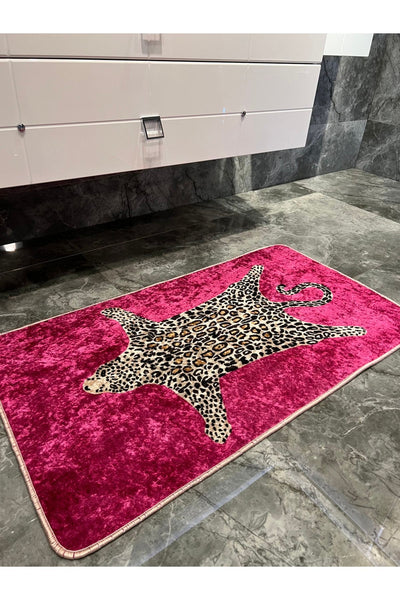 Set of 2 Leopard Print 60x100 - 60x50 Bathroom Rugs - Fuchsia