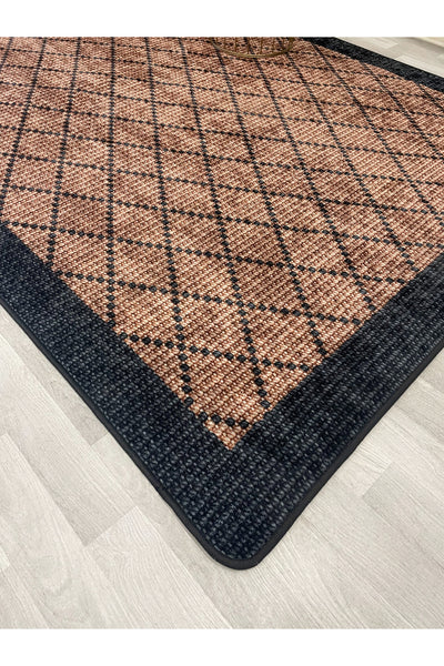 GREEN-BROWN Jute Sisal Look Bordered Non-Slip Base Runner Rug