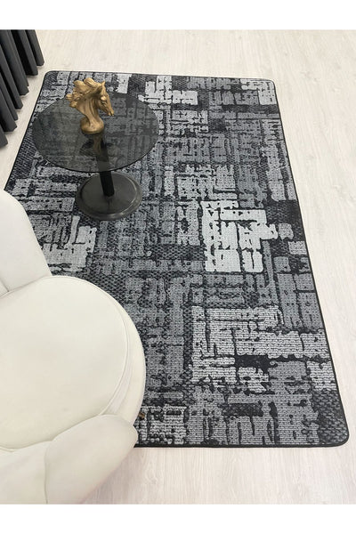 Beige-Blue Abstract Textured Look Latex Leather Base Rug