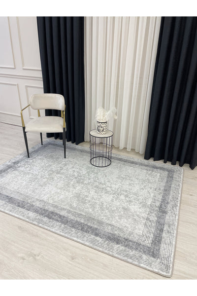 Light Gray Bordered Pattern Latex Leather-Backed Rug