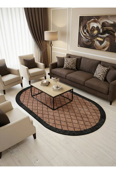 GREEN-BROWN Jute Sisal Look Bordered Non-Slip Base Runner Rug