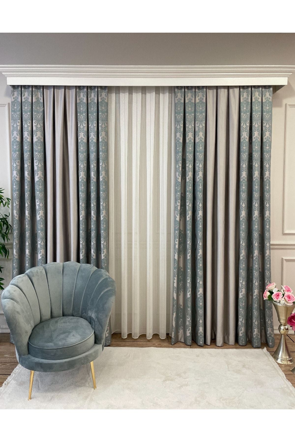 Jakarlı 1/3 Sık Pile Damask Desen Saten Zeminli Pano Desen Fon Perde Bej - Mint Yeşil