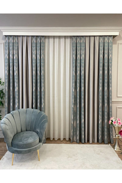 Jakarlı 1/3 Sık Pile Damask Desen Saten Zeminli Pano Desen Fon Perde Bej - Mint Yeşil