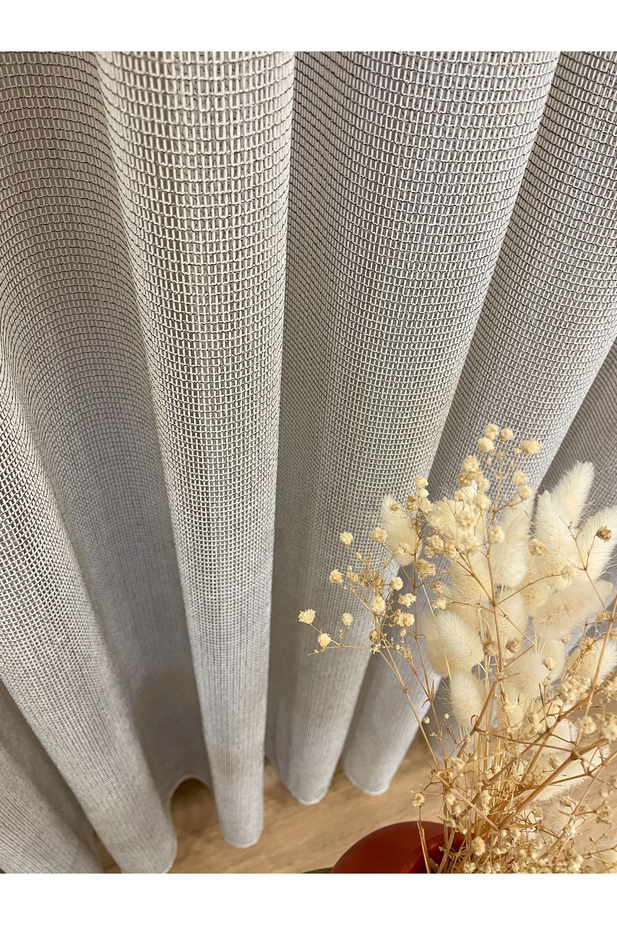 BEIGE-GRAY Modern Textured Knit 1/3 Dense Pleat Sheer Curtain