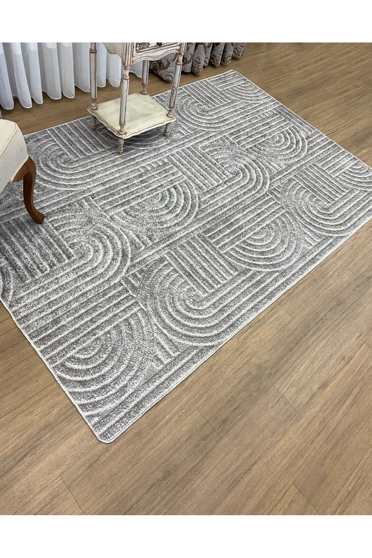 Beige Embossed Look Latex Leather Base Rug