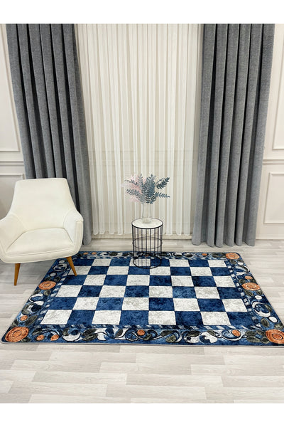 Beige Orange Checkered Pattern Non-Slip Base Kitchen Rug