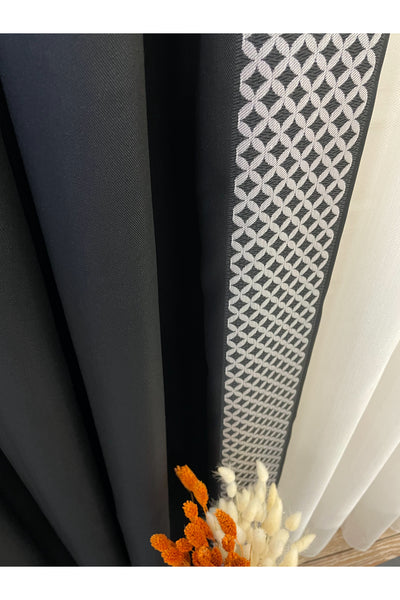 Panel Pattern Jacquard 1/3 Dense Pleat Blackout Curtain - Anthracite Gray - Gold Border