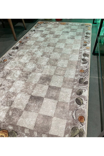 Beige Orange Checkered Pattern Non-Slip Base Kitchen Rug
