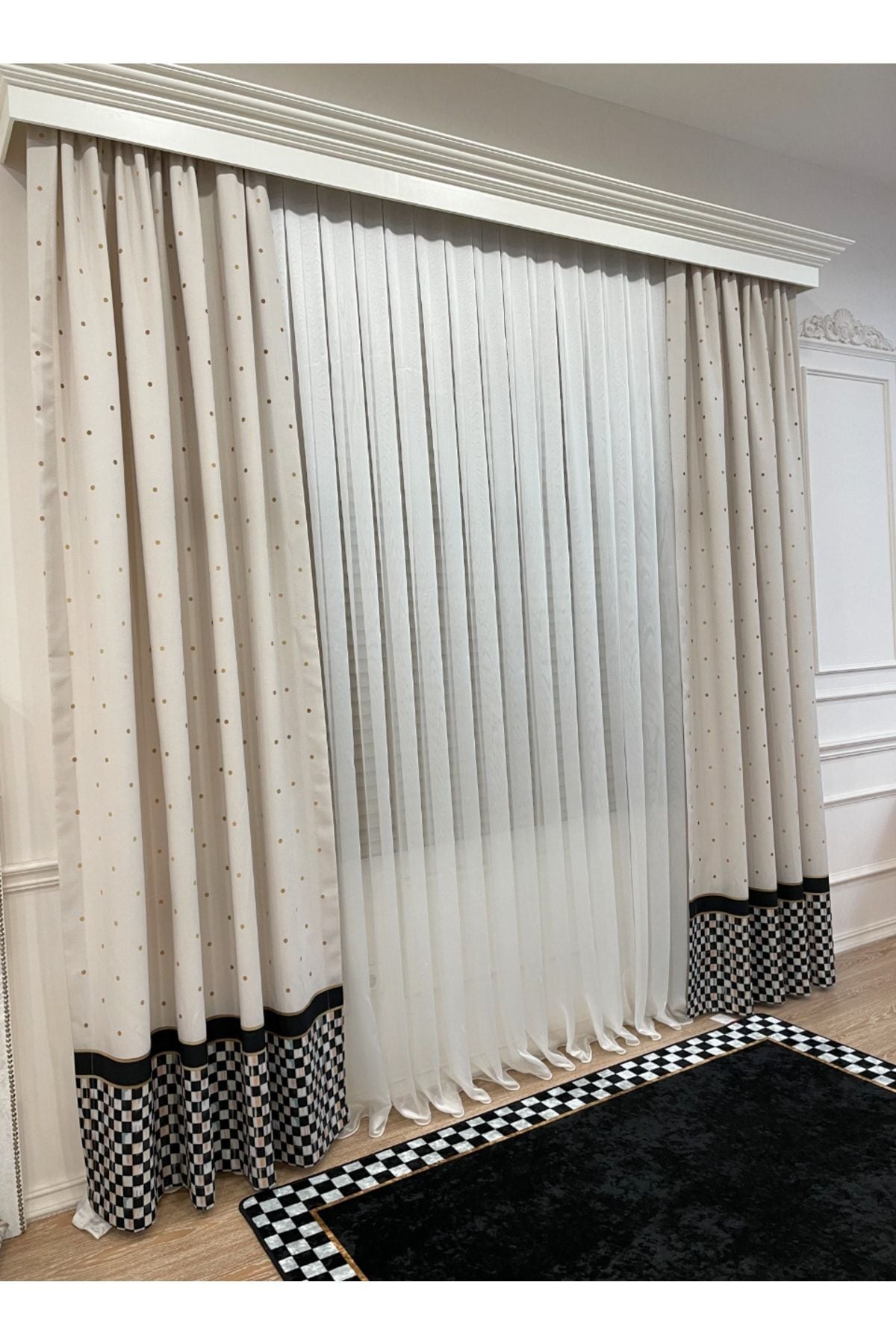 No-Pleat Extra-Reinforced Checkered Blackout Curtain - Beige-Black