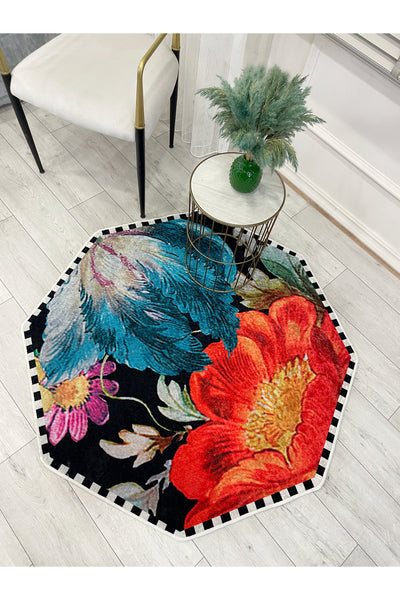 Octagonal Checkered Floral Pattern Latex Base Rug