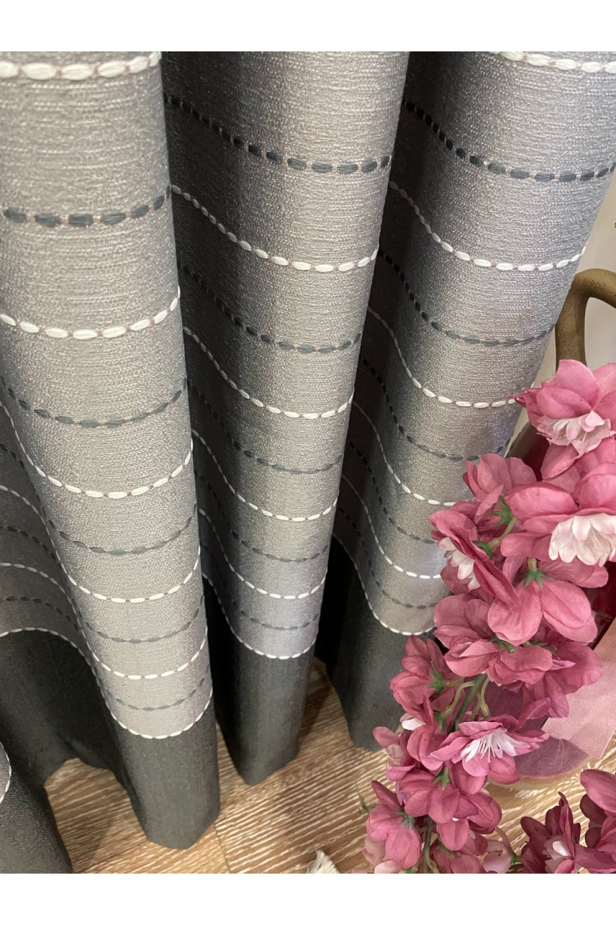 Jacquard 1/3 Dense Pleat Striped Modern Panel Print Blackout Curtain - Light Gray