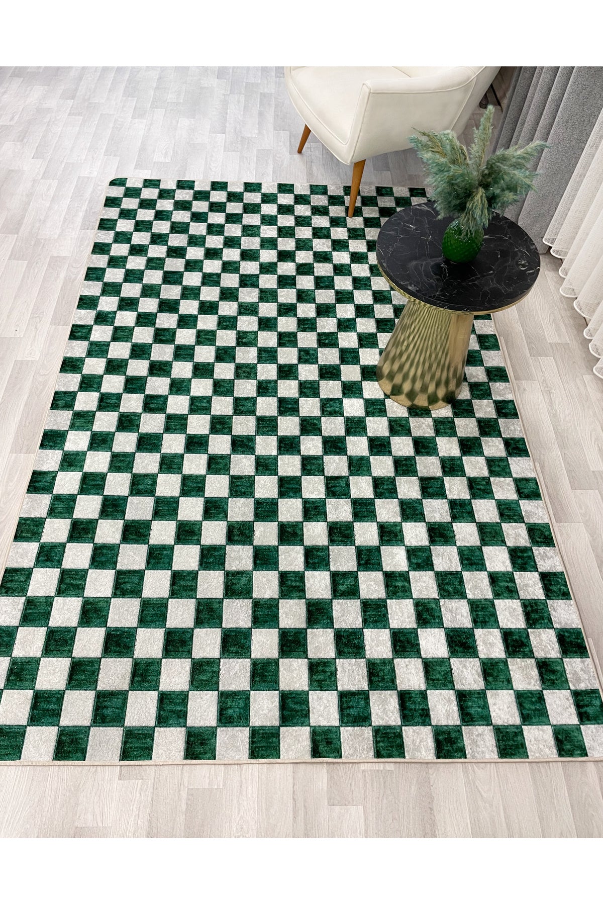 Beige Green Checkered Non-Slip Base Rug