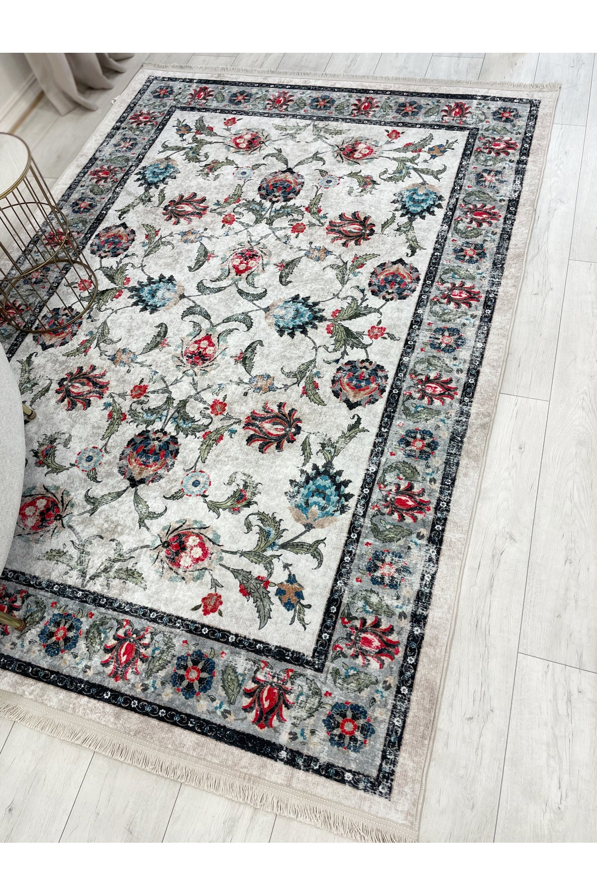 BEIGE-BLUE Traditional Distressed FRINGED Classic Non-Slip Base Rug