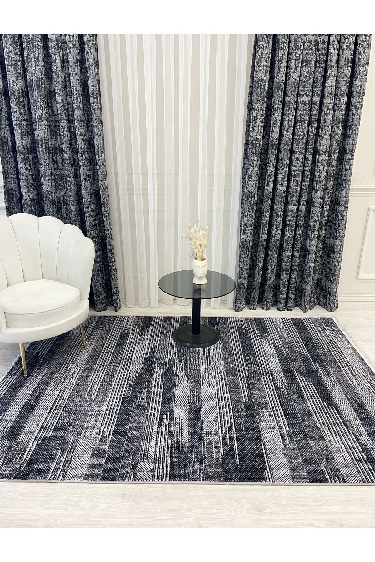 Modern Striped Patterned Fringed Latex Leather Base Rug