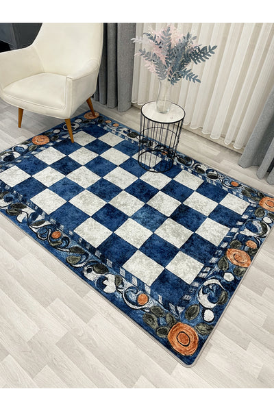 Beige Orange Checkered Pattern Non-Slip Base Kitchen Rug