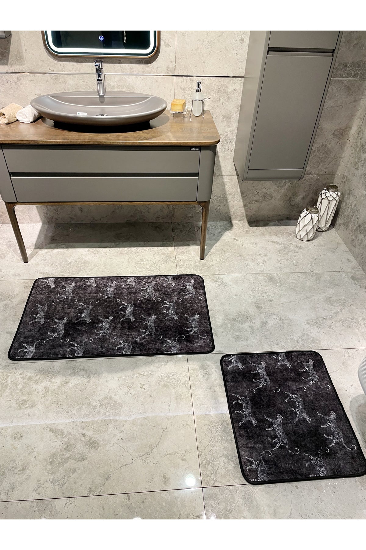 Set of 2 Latex Leather-Backed Bathroom Rug Set (60X100 - 60X50) Dark Gray