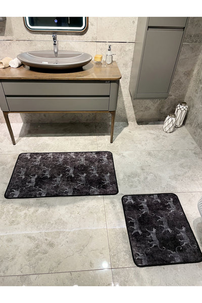 Set of 2 Latex Leather-Backed Bathroom Rug Set (60X100 - 60X50) Dark Gray