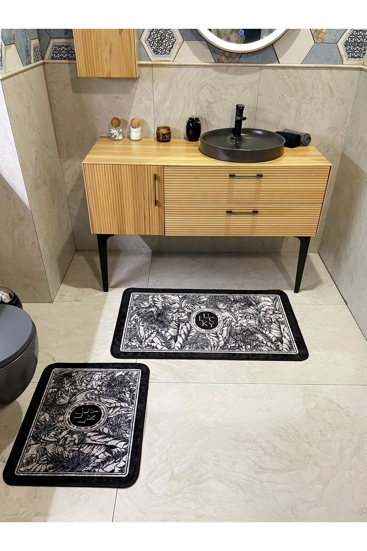 2-Piece Floral Pattern 60x100 - 60x50 Lucky Latex-Backed Bath Mat Set